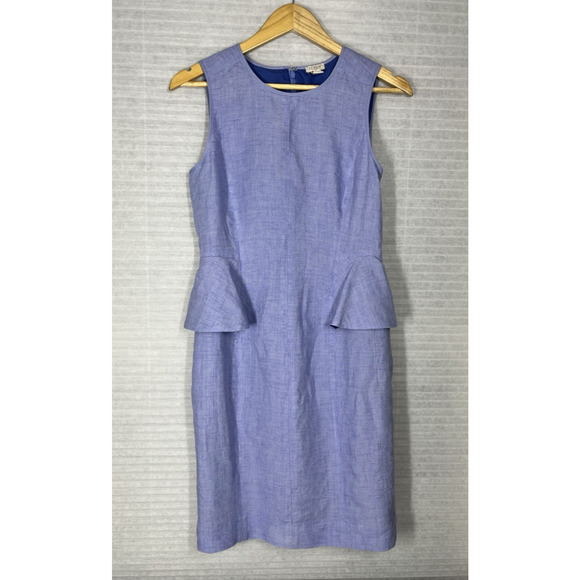 J Crew Peplum Linen Sheath Pencil Dress 4 French Blue Ruffle Career Suiting Work - Picture 1 of 12